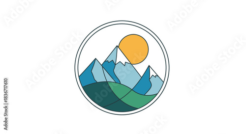 Minimalist Mountain Landscape with Sun in Circle Frame.