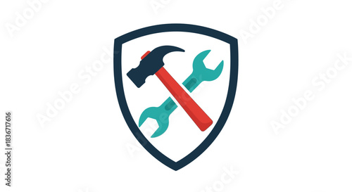 Shield emblem featuring a hammer and wrench representing repair and service.