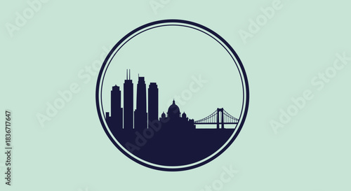 Cityscape silhouette in circular frame urban skyline illustration.