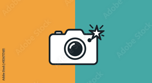 Camera Icon with Flash on Split Background: Photography Concept.