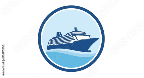 Cruise Ship Icon in Blue Circle on White Background.