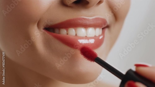 A close-up view of a person's radiant smile, enhanced by the careful application of a shimmering red lip gloss, embodying a moment of personal care and glamorous transformation