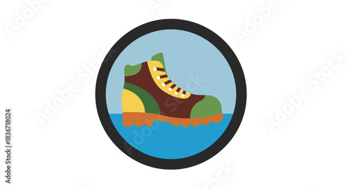 Hiking boot illustration within a circular frame on a light blue background.