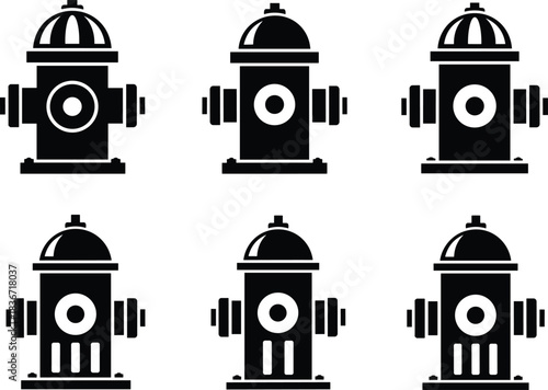 Set of black fire hydrant icons, isolated vector illustration of firefighting water pumps, street safety symbols collection, flat design glyphs for emergency signs