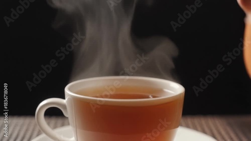 Close-up of a steaming cup of hot tea on a saucer, perfect for cozy moments and relaxation