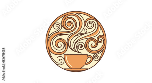 Elegant line art of a coffee cup with decorative steam swirls.