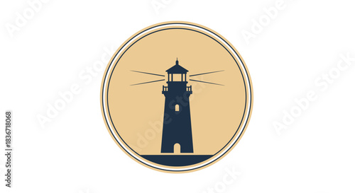 Lighthouse beacon guiding ships at sea in a circular emblem.
