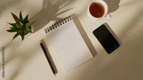 Minimalist desk flat lay blank notebook, pen, smartphone, warm tea, and plant, under natural light with shadows, perfect for planning, writing, or quiet reflection