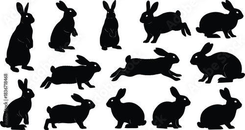 Set of black rabbit silhouettes, vector illustration collection of bunnies in various poses like running and sitting, isolated on white background, easter design elements.
