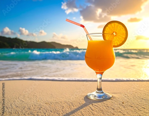 Tropical beach scene with cocktail on sand, sun setting over water