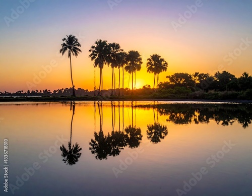 Tropical sunset scene with palm trees silhouetted