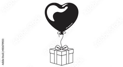 Black heart shaped balloon lifting a gift box illustration.