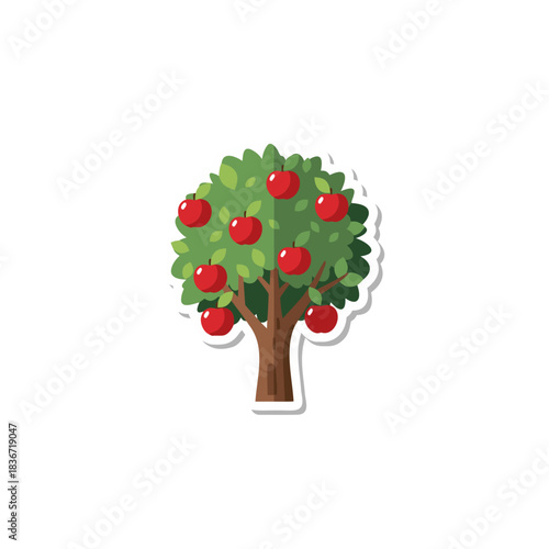 Stylized Red Apple Tree with Ripe Fruit on Branches in a Lush Green Foliage Against a Simple Black Background with White Border Sticker Effect
