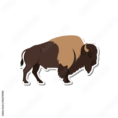 Stylized Illustration of a Bison Standing Profile View With Brown and Tan Fur and White Outline on a Black Background