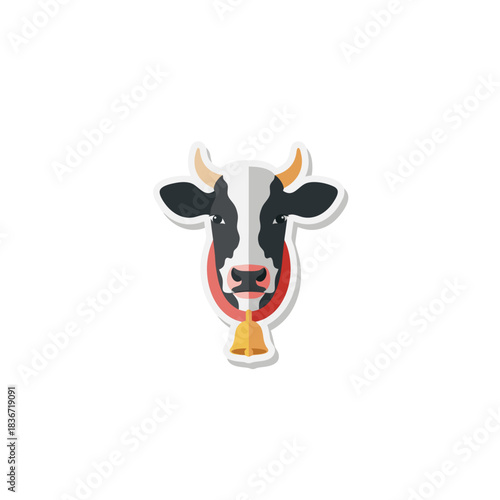 Stylized Illustration of a Black and White Cow Head with a Red Collar and Bell Against a Black Background Ideal for Agricultural or Farm Themed Designs