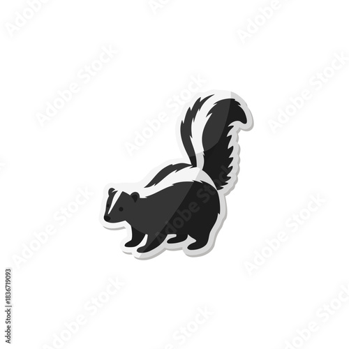 Stylized illustration of a black and white skunk with a bushy tail standing against a stark black background with subtle shadows highlighting its form
