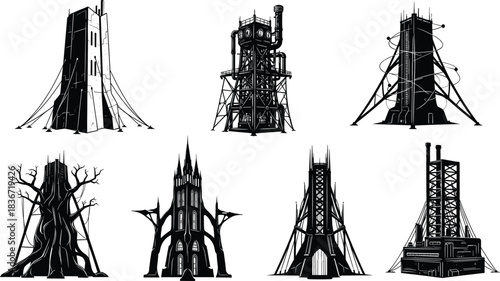 Fantasy and industrial tower silhouettes with architectural structures, dark gothic designs, reinforced buildings and creative concept art for graphic illustration