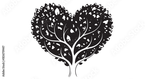 Heart shaped tree silhouette with intricate branches and leaves artwork.