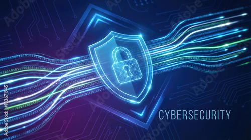 Glowing digital shield with a padlock icon ensuring cybersecurity, protecting sensitive binary data flowing through a network against digital threats and cyberattacks