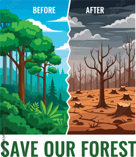 Urgent call to action showing vibrant forest versus deforestation impact before and after destruction