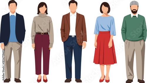 Fashion illustration, diverse outfits, casual formal mix, character design, clothing variety, standing figures, flat vector, modern style, outfit comparison, wardrobe concept