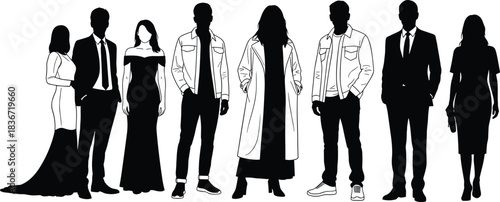 Fashion silhouette collection, diverse clothing styles, formal and casual outfits, standing poses, character design, black vector illustration, elegance