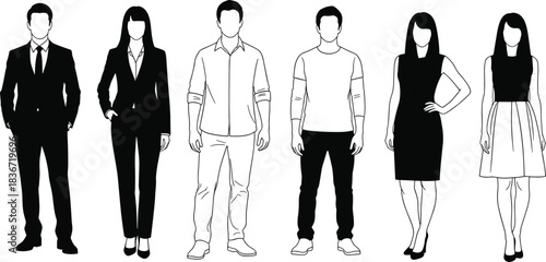 Fashion silhouette illustration, diverse clothing styles, formal and casual outfits, standing poses, character design, black and white vector art