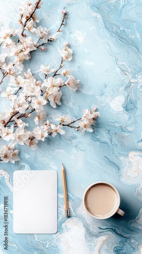 Cherry Blossom with Coffee, Pencil and Notepad on Blue Background