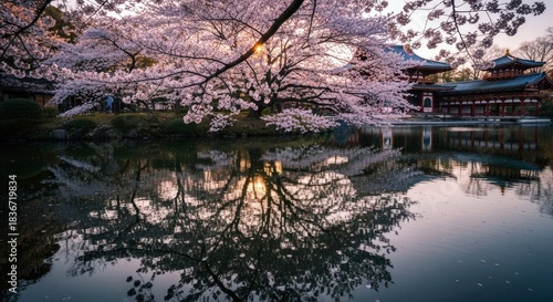 A beautiful scene of cherry blossom trees in full bloom over a pond, reflecting a traditional Japanese temple at sunset.