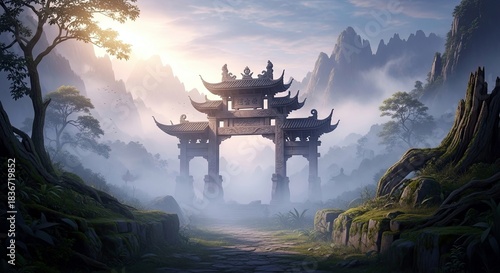 A traditional Chinese gate stands in a misty mountain landscape at sunrise, with a stone path leading towards it.