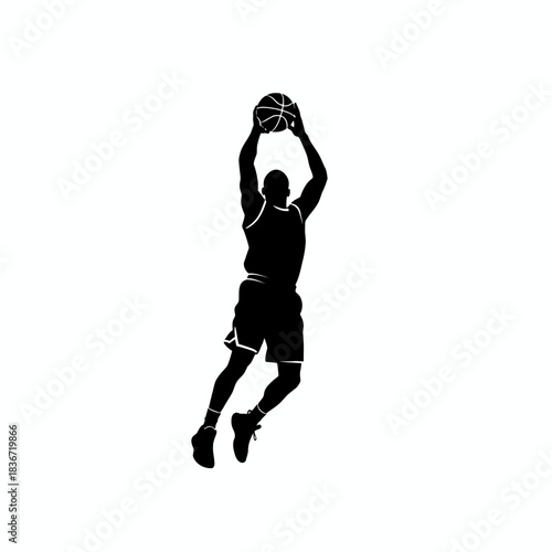 Black silhouette of a basketball player jumping with the ball above his head