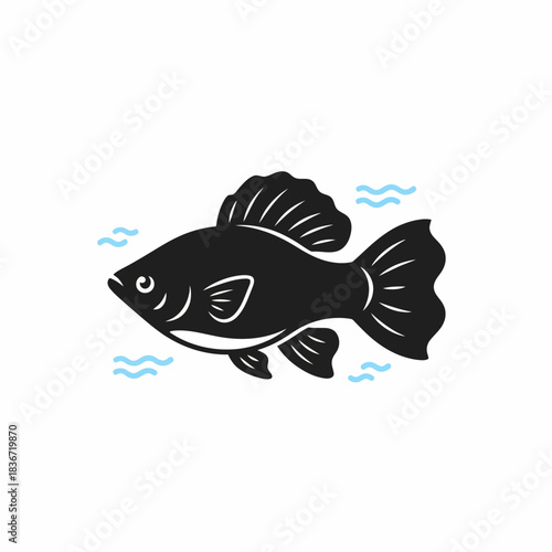 Black silhouette of a fish swimming flanked by light blue wavy lines representing water