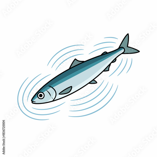 Cartoon drawing of a sleek bluegreen fish swimming creating water ripples