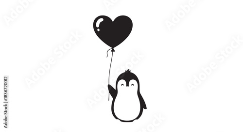 Playful penguin hoisted by a heart shaped balloon in a simple cartoon scene.