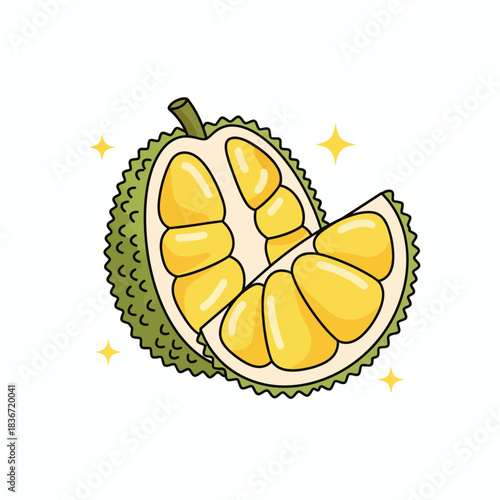 Cartoon durian fruit halved revealing yellow flesh segments against white