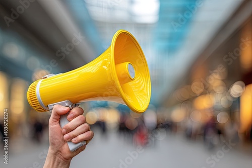 Hand holding bright yellow megaphone, announcing in a blurred, busy indoor public space
