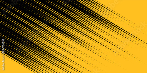 Yellow and black backdrop with dot halftone pattern element. Abstract brush grunge background. retro comic concept for your graphic design, banner or poster See Less