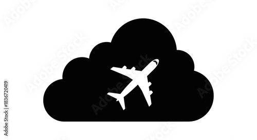 Airplane silhouette inside a dark cloud icon representing travel and aviation.