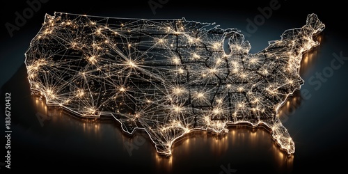 Illuminated map of the U.S. depicts a complex web of interconnected cities