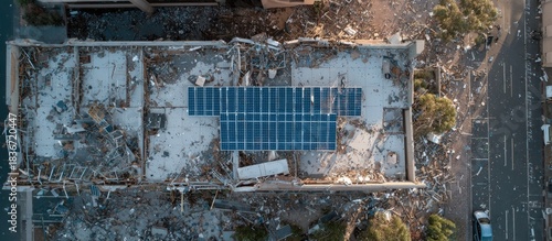 Aerial view of a damaged building's roof with solar panels amidst debris