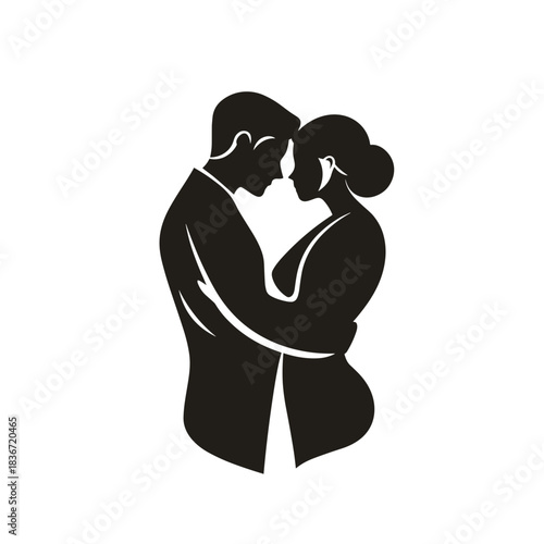 Romantic Couple Embrace Flat Icon, Black Silhouette, Transparent Background