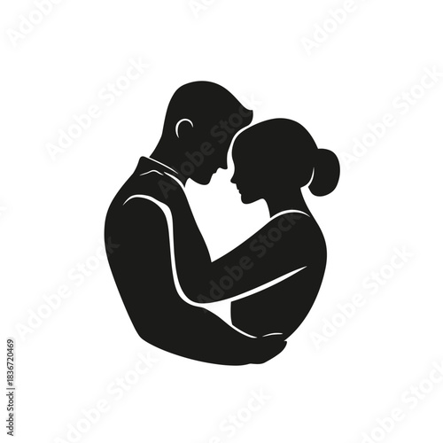 Romantic Couple Hug Flat Icon, Black Silhouette, Transparent Background