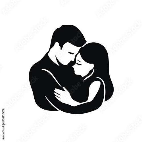 Couple Hug Flat Icon, Black Silhouette, Transparent Background