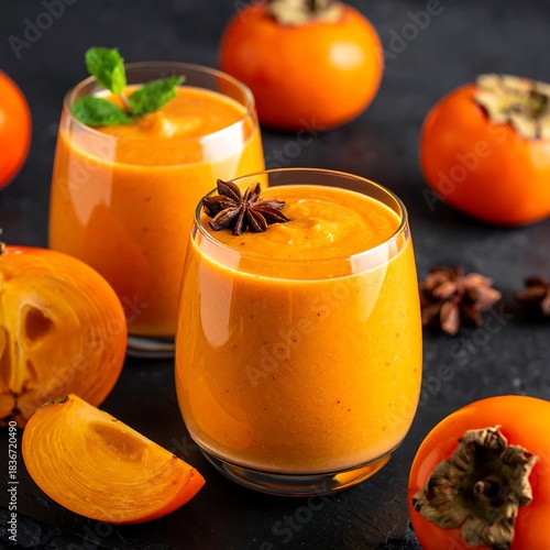 Two glasses of orange-colored drinks with persimmon and garnish