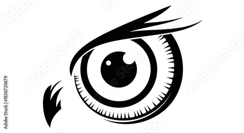 Stylized Black and White Owl Eye Graphic with Intense Gaze and Sharp Details.