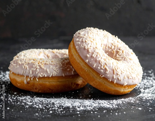 Two glazed, frosted ring-shaped pastries with sprinkles on a dark surface