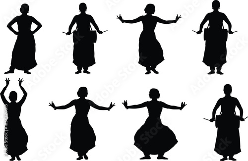Set of Ballet Dancers Silhouettes in Various Dance Poses, Classical Ballerina Figures with Tutu Skirts, Graceful Performance, Movement, and Art Vector Illustration.