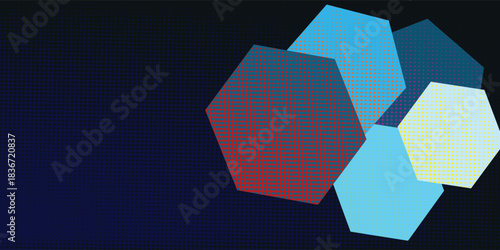 A geometric pattern of randomly colored pentagons hexagon combined with a sprinkling of dots.