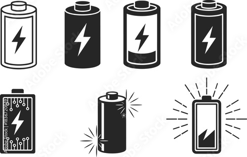 Set of Battery Icons with Charging Levels and Lightning Bolt Symbol, Power Status, Energy Indicator, Electrical Supply Black Vector Collection