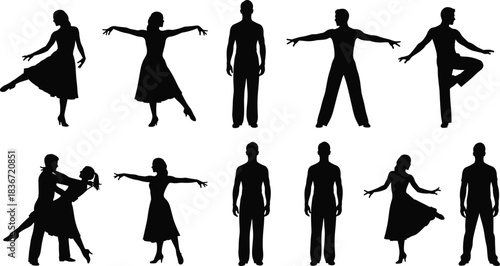 Set of Ballroom and Social Dancer Silhouettes in Various Poses, Representing Elegant Movement, Partner Dancing, Art, Leisure, and Performing Arts Vector Collection